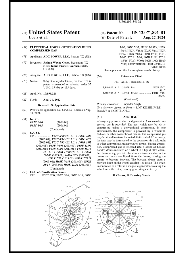 U.S. Patent 12,071,891 B1 — Electrical Power Generation Using Compressed Gas — Buoyancy Power Generator patent document